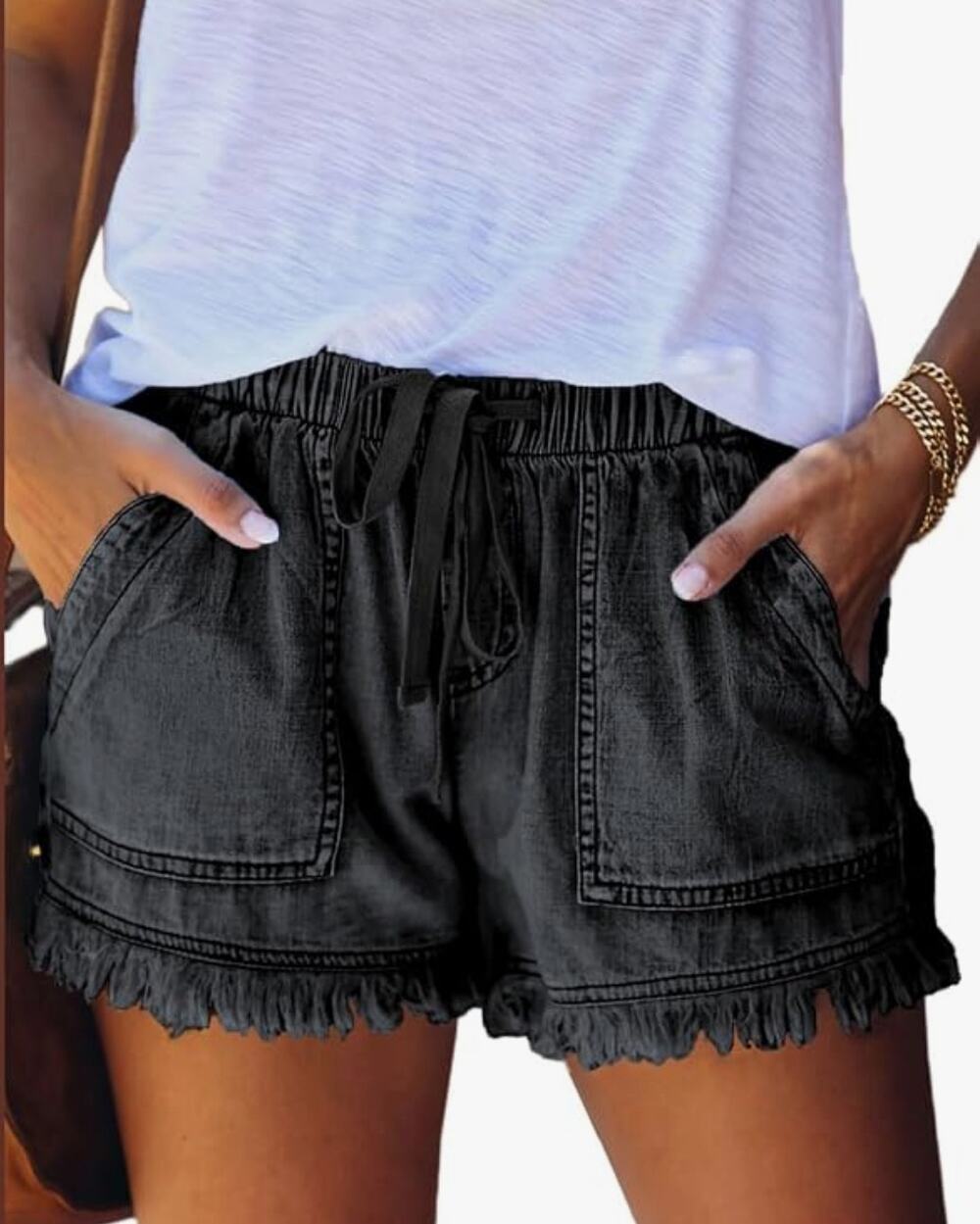 Womens Lightweight Dark Wash Frayed Edge Drawstring Shorts - Size Med
